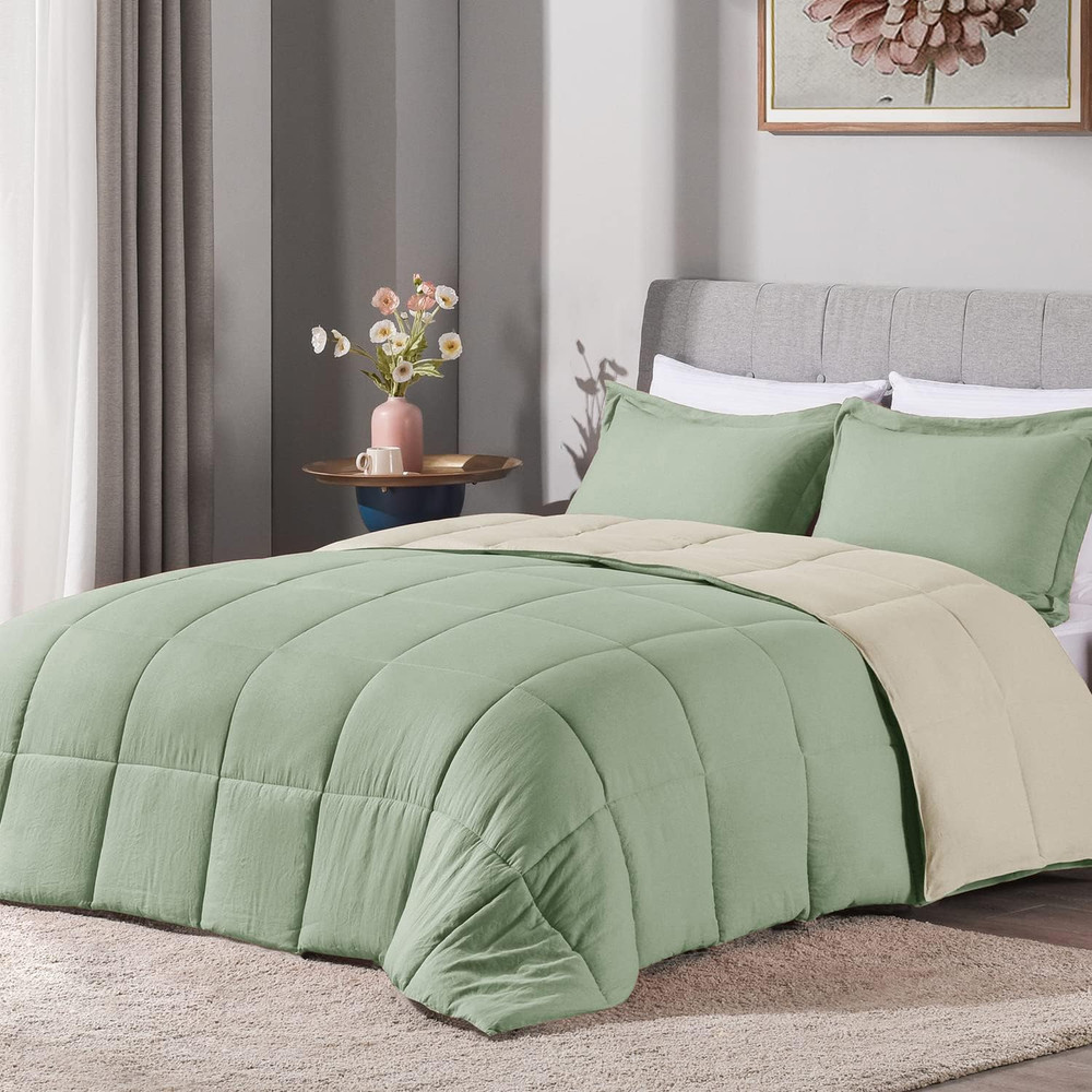 3PCS Sage Green Comforter Set King - Ultra Soft Washed Microfiber Comforter King
