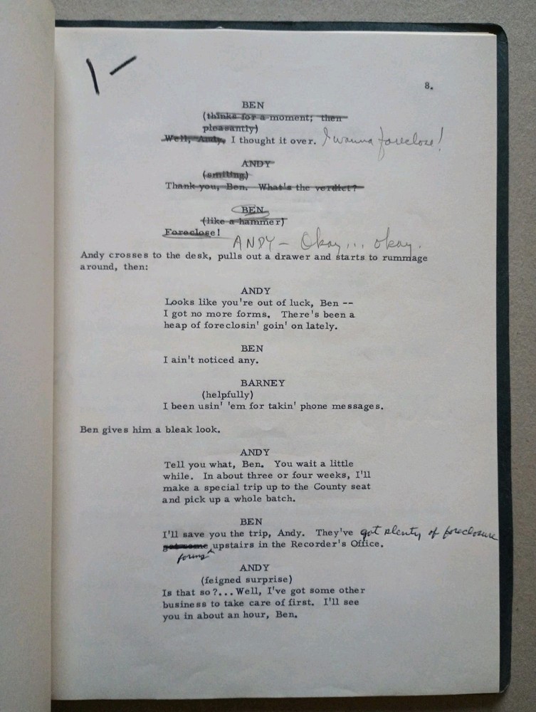 Original ANDY GRIFFITH SHOW TV SCRIPT 'Andy Forecloses' + Handwritten Notes