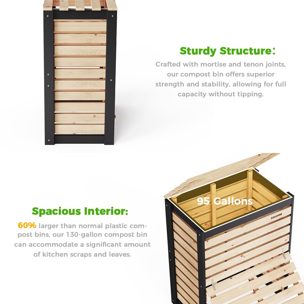95 Gallon Solid Wood Composter, Outdoor Compost Bin with Pull-Out Door, Large...