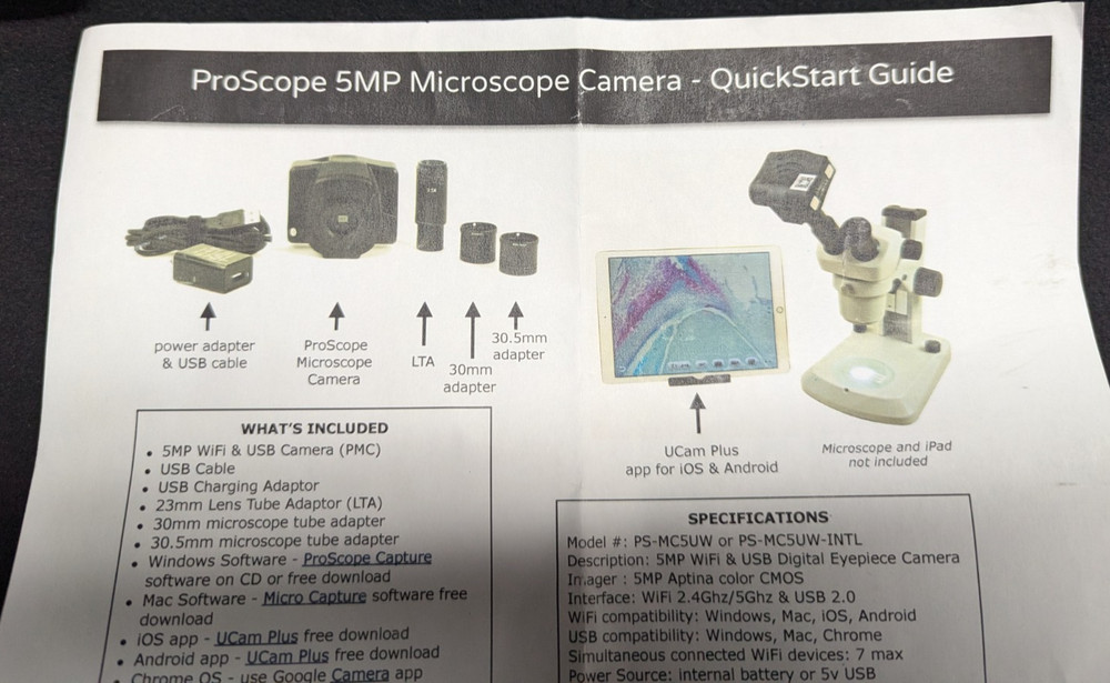 ProScope 5MP Microscope Camera - USB Imaging for Vernier Labs - Tested