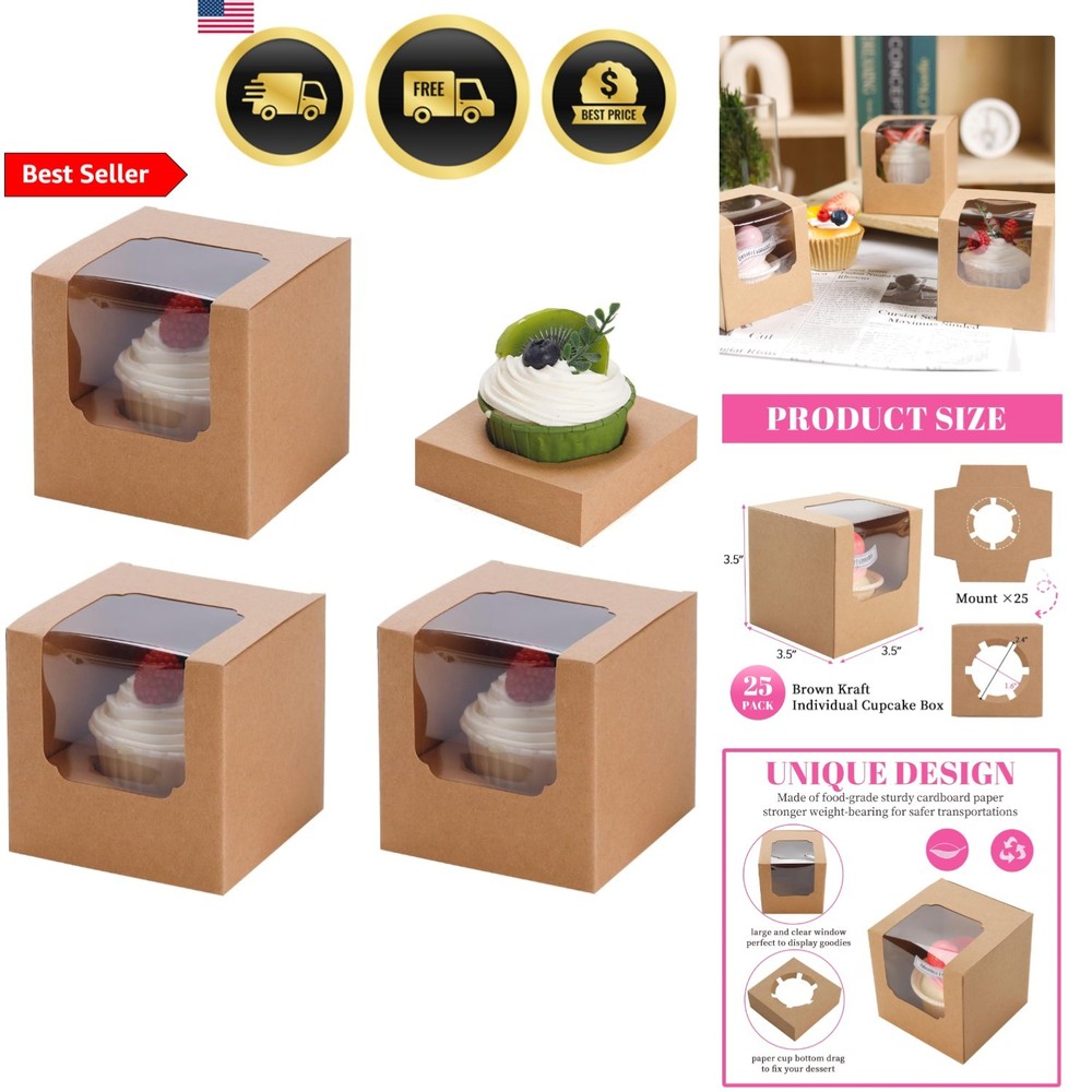 25 Pcs Cupcake Boxes Individual Cupcake Containers Pre-Assembled Single Cupca...