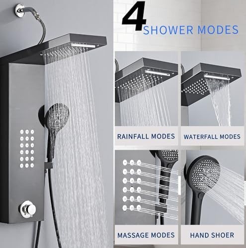 Rain Shower Panel Tower System with Handheld High Pressure Massage Head - Black