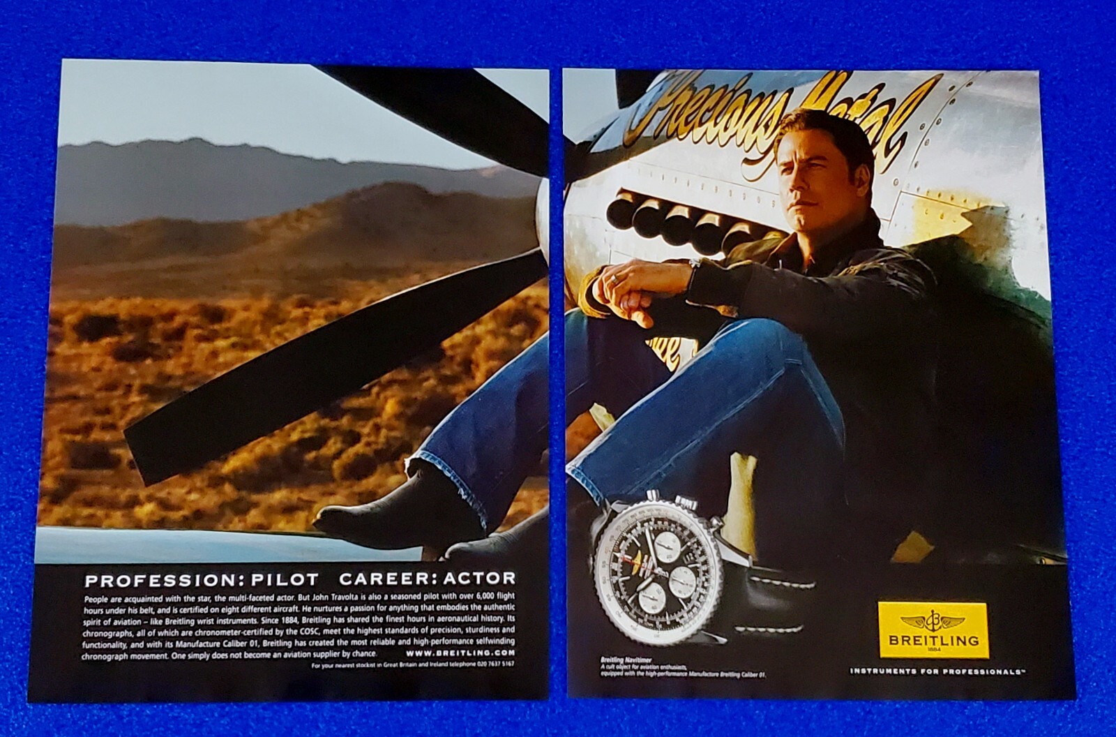 2005 BREITLING NAVITIMER WRISTWATCH 2 PG PRINT AD JOHN TRAVOLTA ON WWII FIGHTER