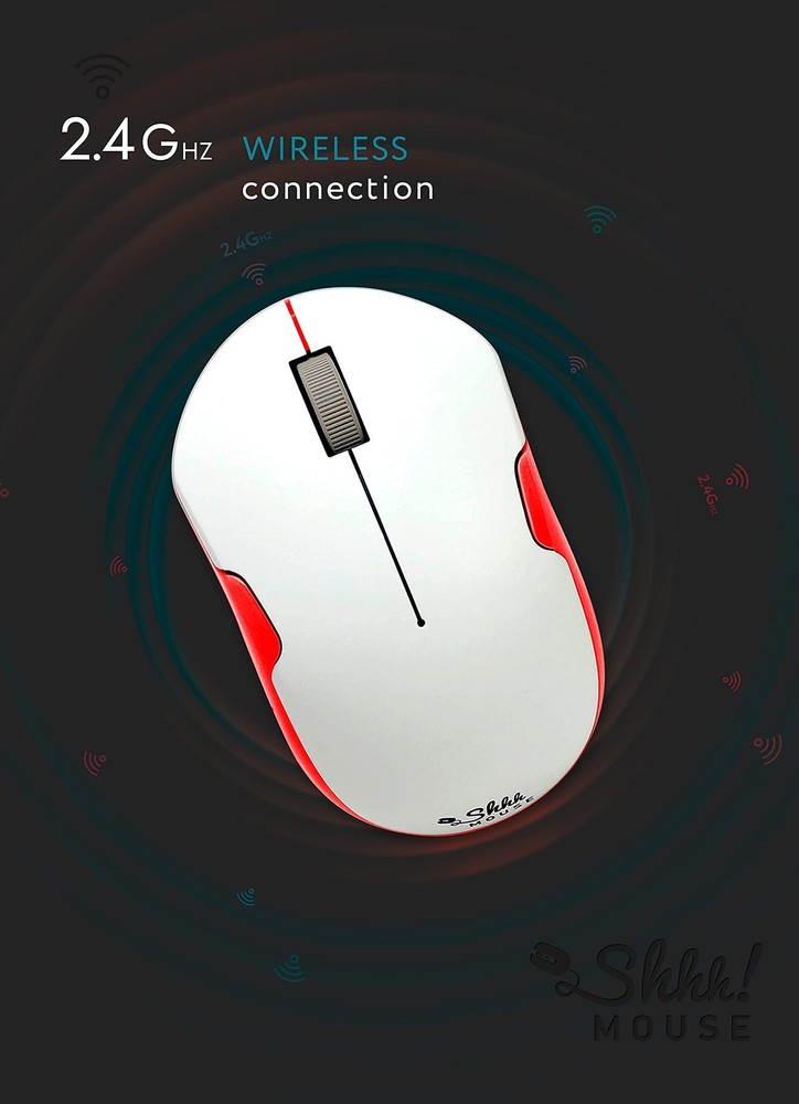 SHHHMOUSE – Wireless Silent Optical Mouse with USB Receiver and White/Red