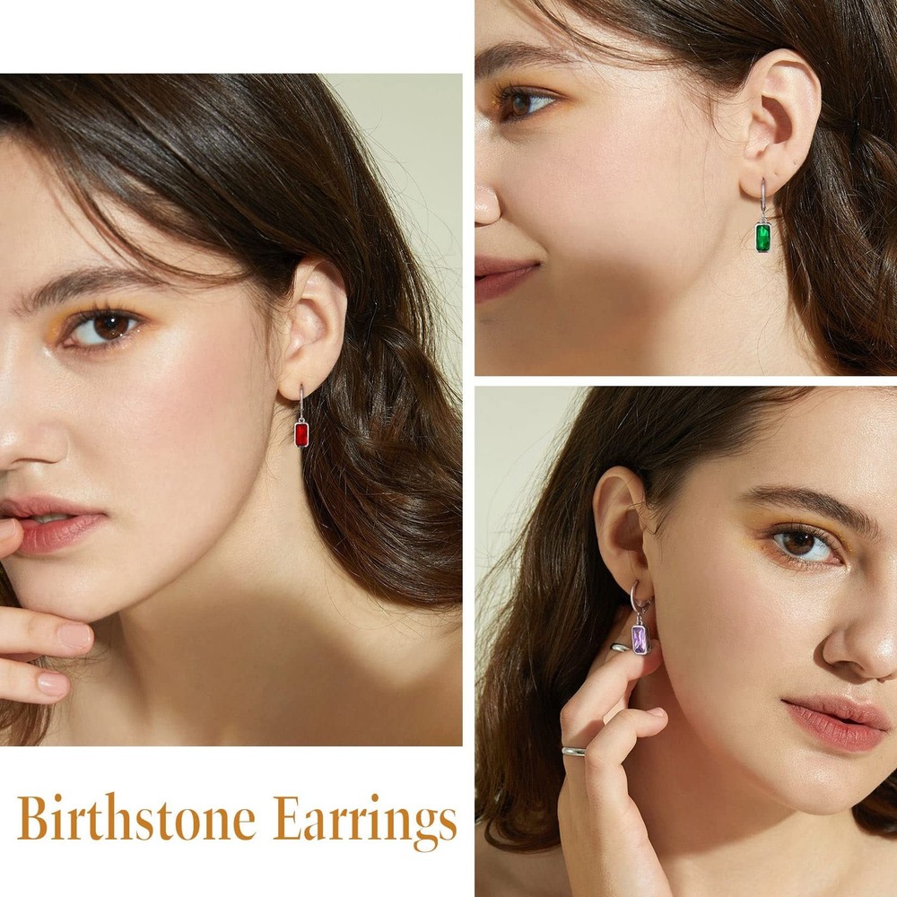 Suplight Sterling Silver Birthstone Drop Earrings for Women with Rectangular ...