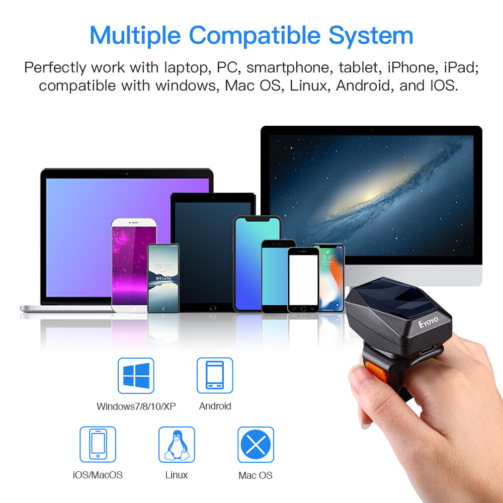 Eyoyo 1D 2D QR Code Finger Ring Scanner Wireless Wearable Barcode Scanner for PC