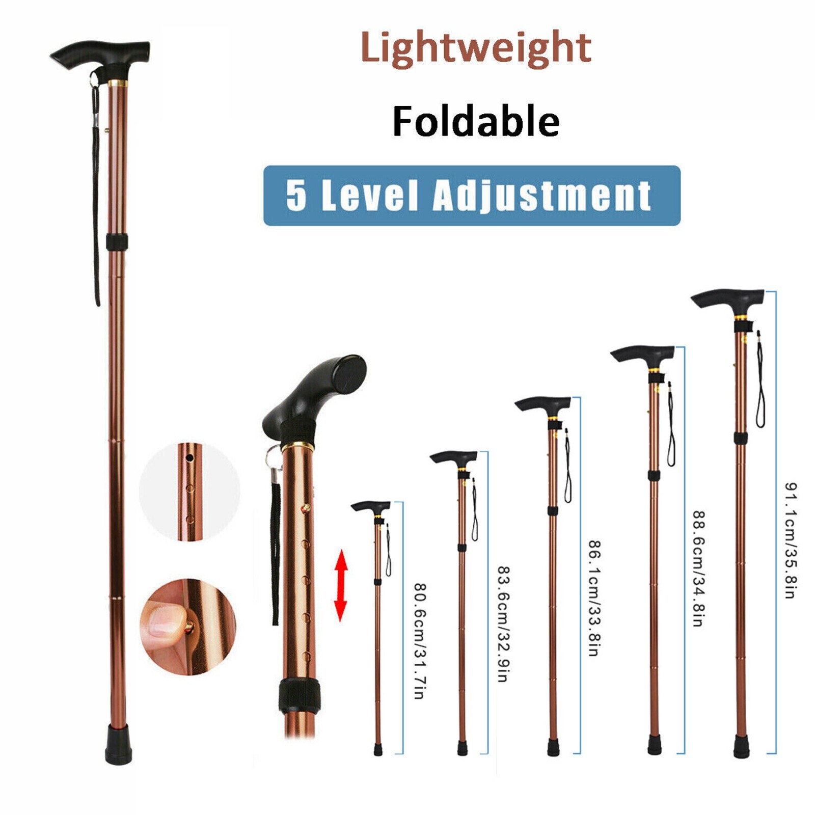 Adjustable Walking Cane Aluminum Walking Stick Folding Collapsible Travel Hiking