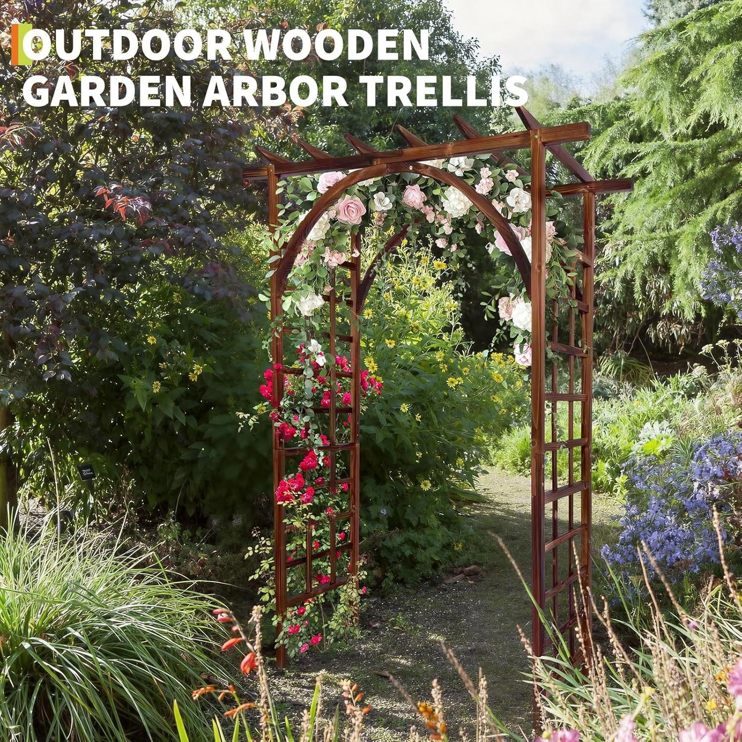 7 Ft Garden Wooden Arbor Arch Pergola Trellis Arched and Flat Top for Yard Decor
