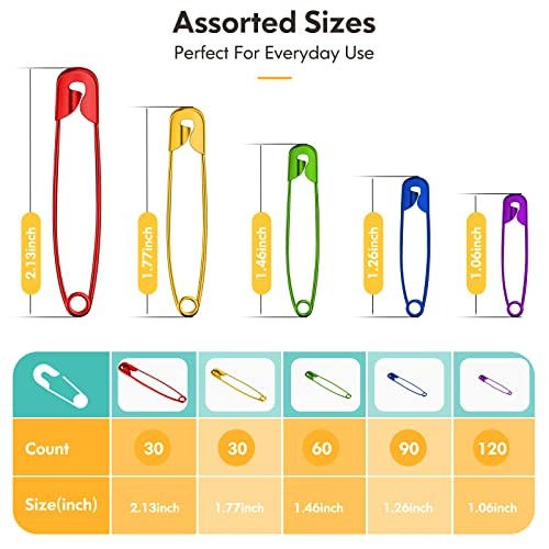 Safety Pins Assorted, 340 Pack 5 Different 5 Different Size, 340 Pack 5 Colors