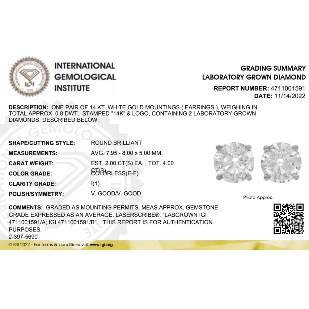 4 Ct TW Certified Diamond Screw Back Studs 14k White Gold Lab Grown (GH,VS2-SI1)