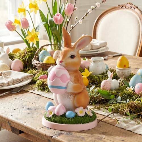 Cute Bunny Figurine Decor - 7.8 Inch Resin Rabbit Statue for Kids Room, Brown