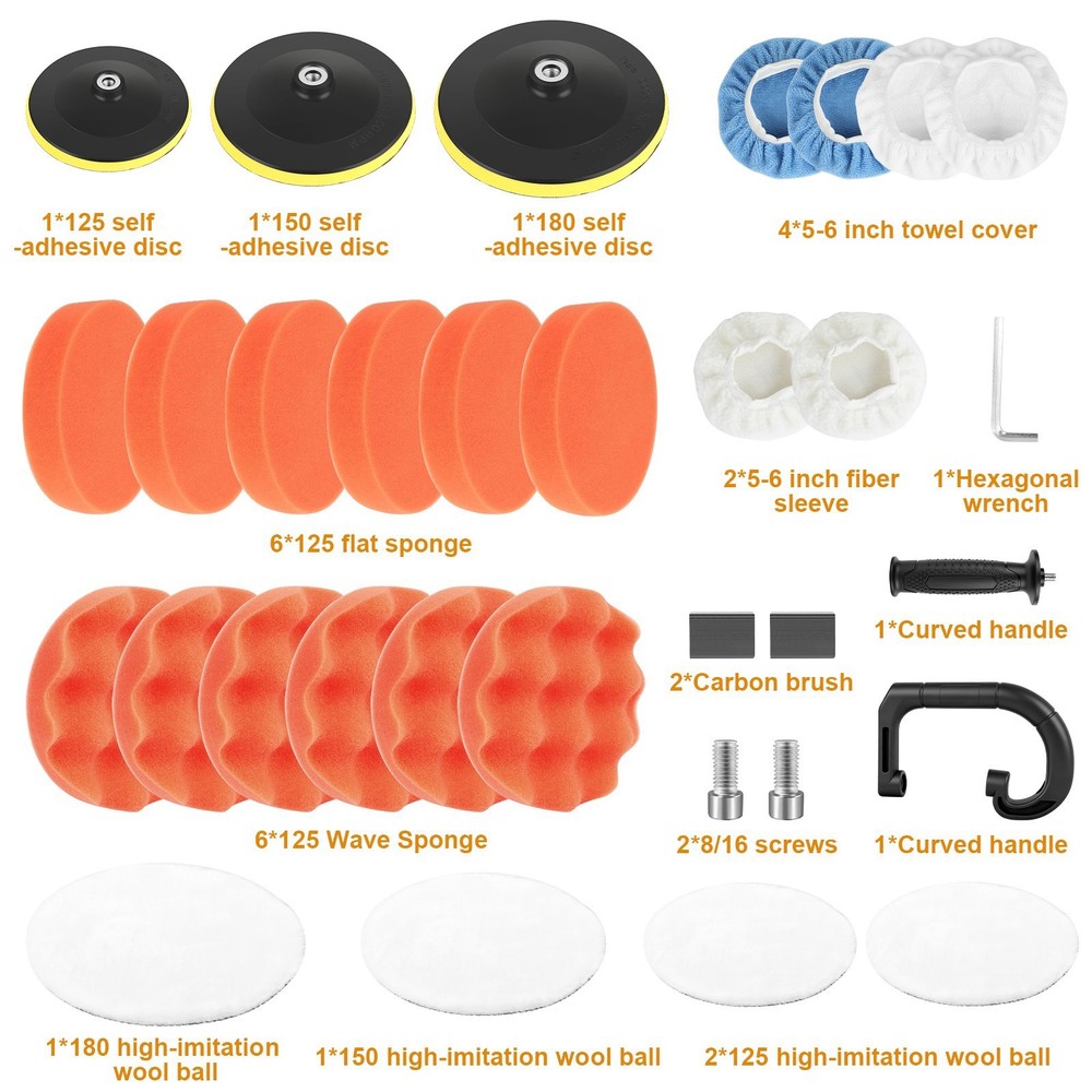 Electric Car Polisher Buffer Sander Waxer Kit Variable 7-Speed 7" 2000W W/ Pads