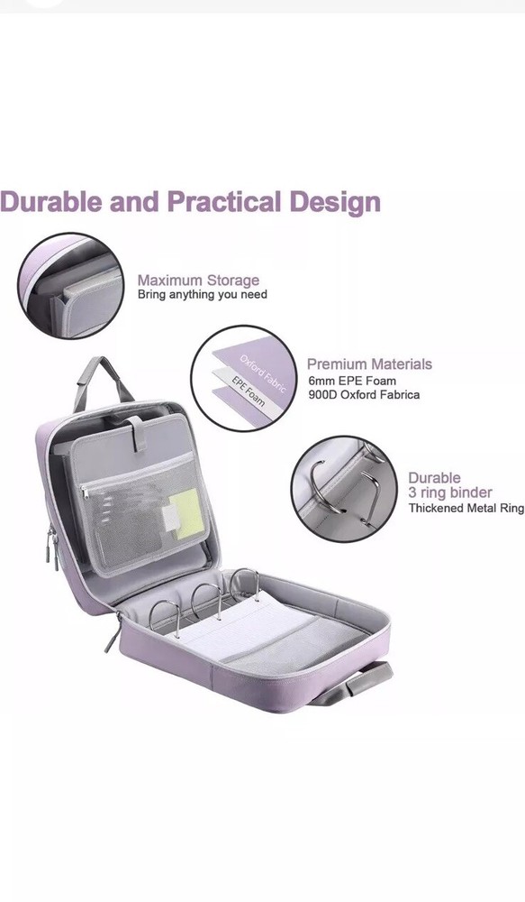 3" D-Ring Binder & Strap 700 Sheet Capacity Multi-Pockets 13" MacBook Purple