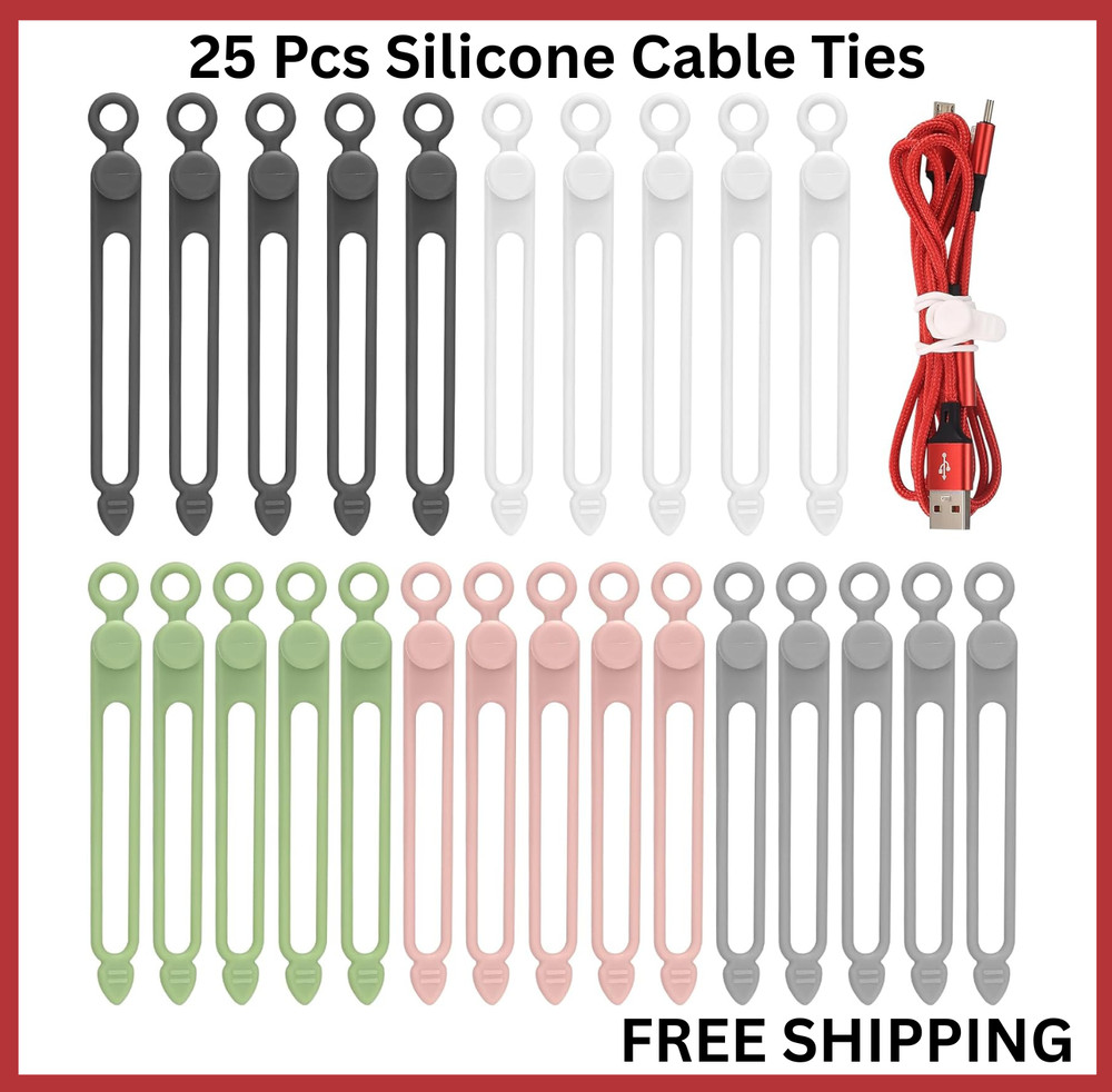 25 Pcs Silicone Cable Ties, Reusable Cable Straps Wire Organizer, Cable Manageme