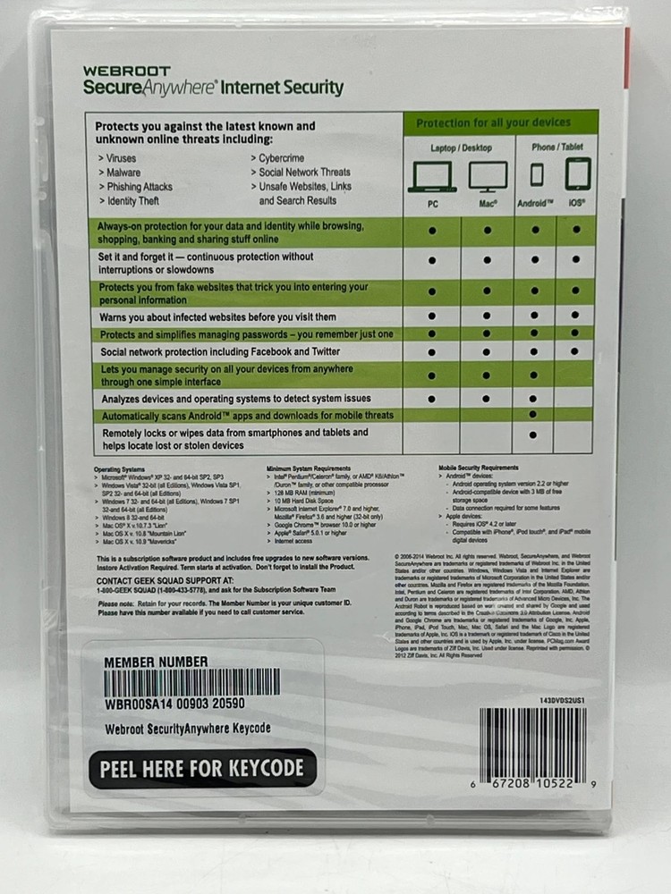Webroot Secure Anywhere Internet Security -New-Sealed