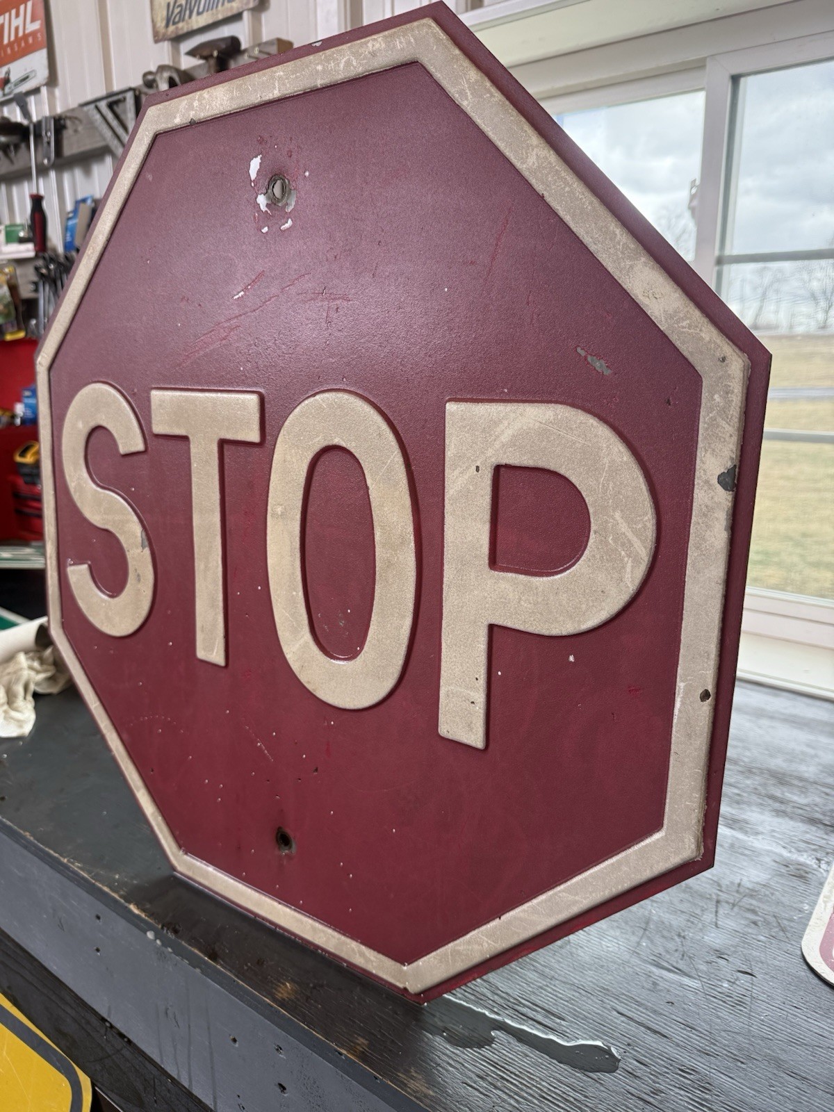 1950s Antique Metal Heavy Stop Sign 24” Raised Letters
