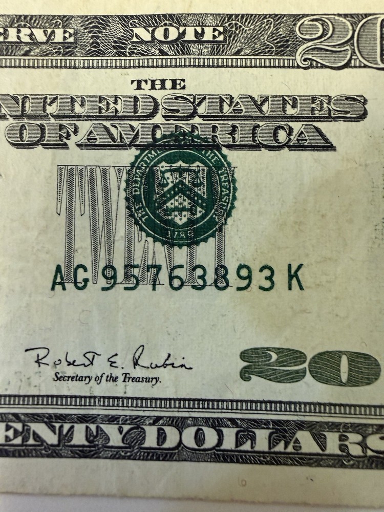 1996 $20 Error . Circulated Note . Offset Printing ,Seal And Serial Number.