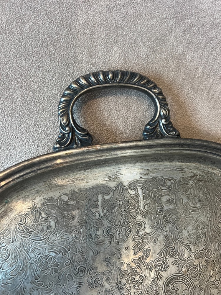 Vintage Silver Plated Tray Ornate Engraved Design Two Handles