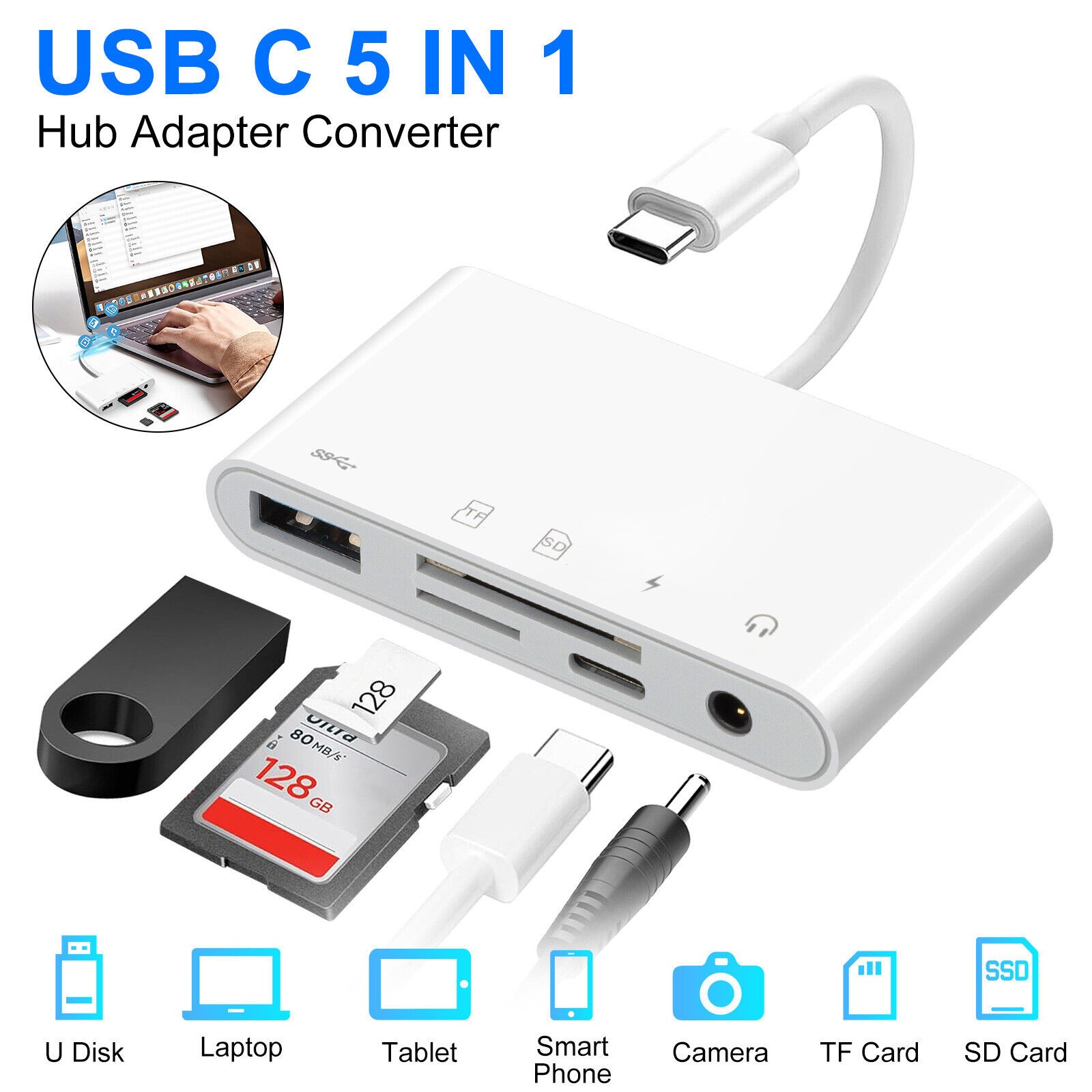 5-IN-1 USB-C/Type C Memory Card Reader Hub Adapter for Micro SD SDXC CF SDHC
