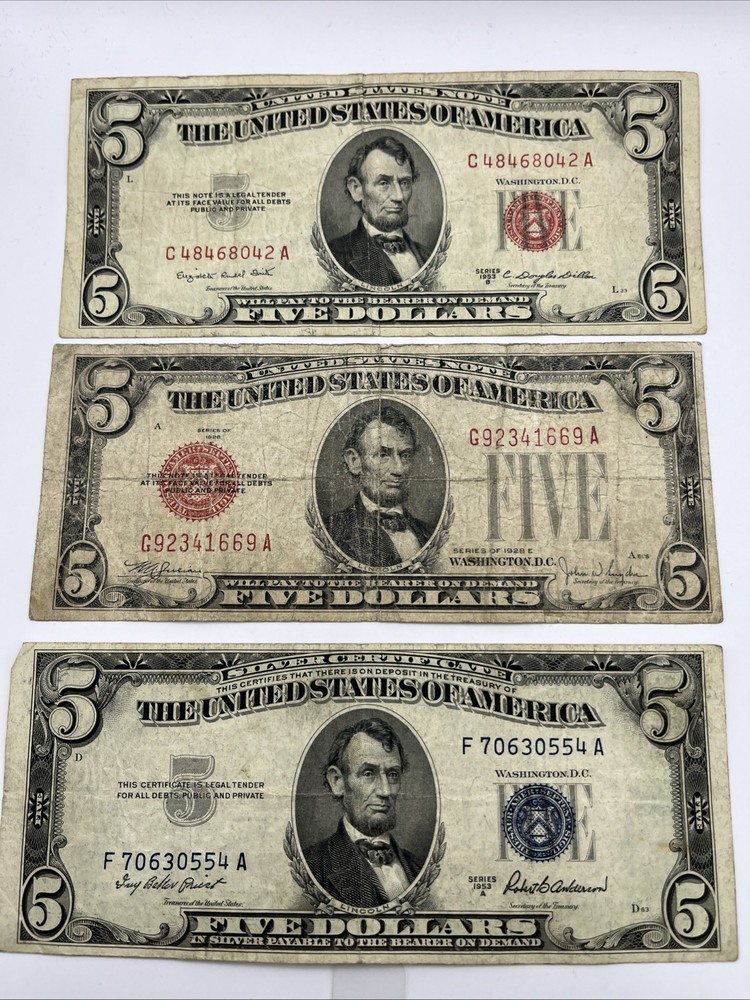 1928 E/1953 A&B $5 Red Seal & Silver Cert Note Lot
