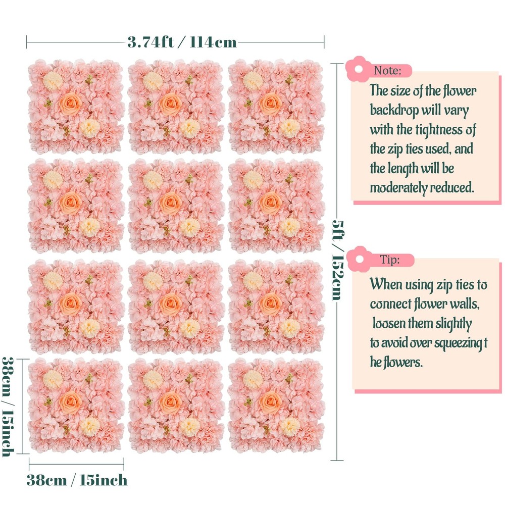 Artificial Flower Wall 5ftx3.74ft Peach Floral Backdrop Wedding Wall Panel Fa...
