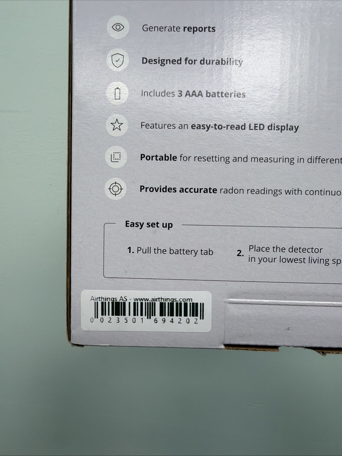Airthings Battery Operated Digital Radon Detector 2350