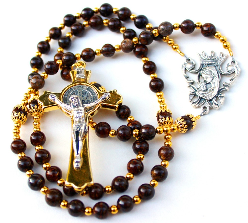 Beautiful & Durable Bronzite Gemstone Catholic Rosary For Man Or Woman