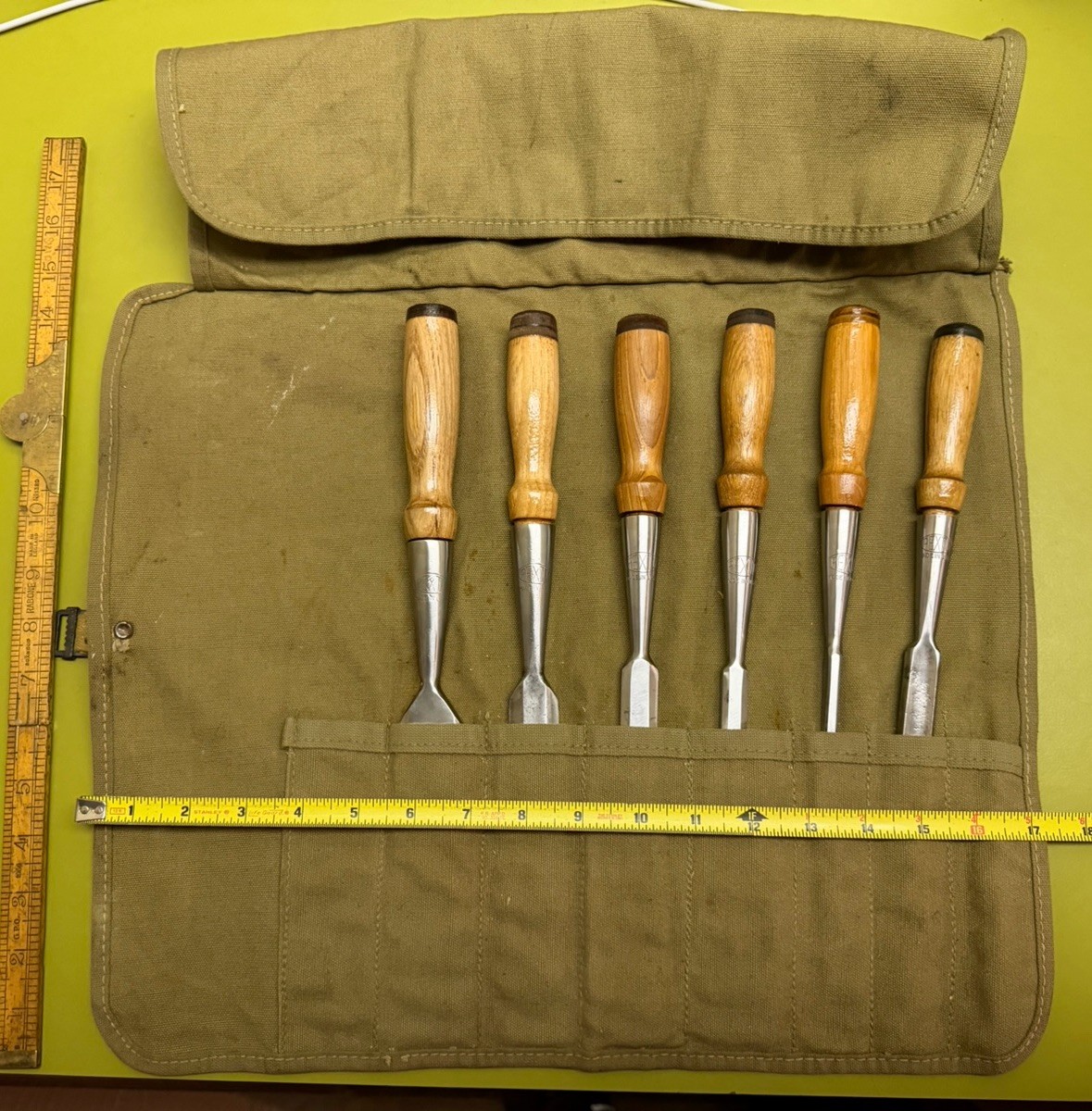 SUPERB 6-pc Set PEXTO vtg Socket Chisels w/MATCHING Handles & CANVAS TOOL ROLLUP