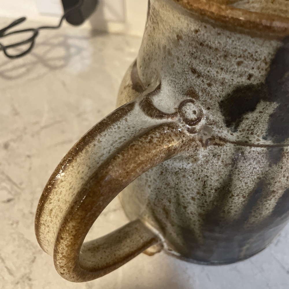 Heavy Pottery Pitcher. Signed By Maker. With Iris Flowers.