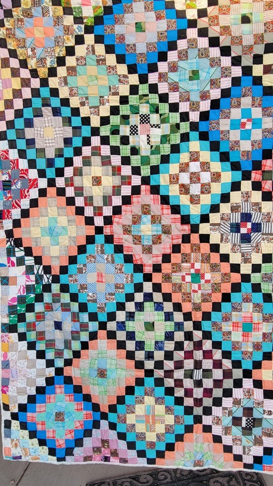 Vintage Handmade Scrap Quilt Large Diamond Patchwork Folk Art Bedspread