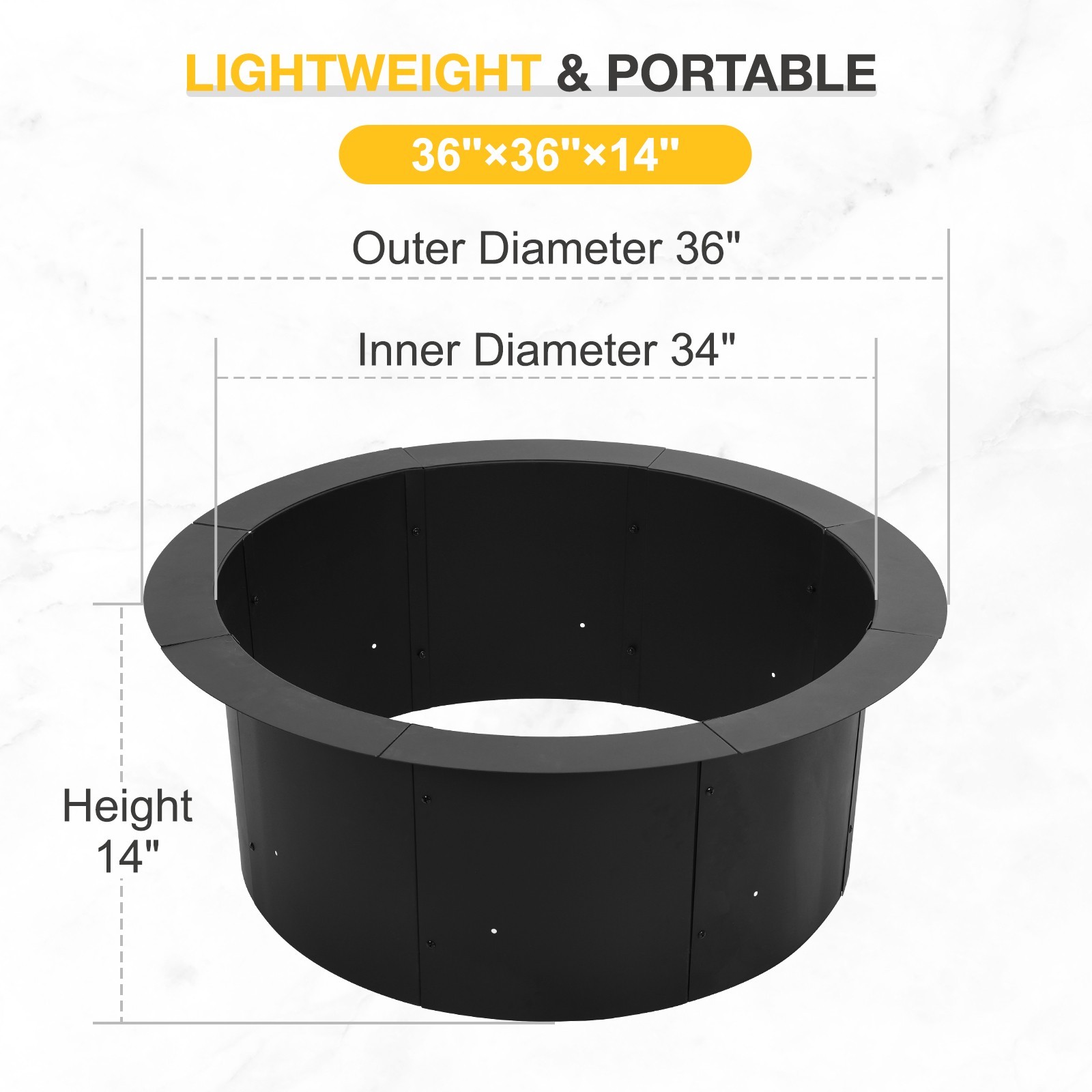 Aoodor 36'' Fire Pit Ring Heavy Duty Metal Round Fire Pit for DIY Wood Burning