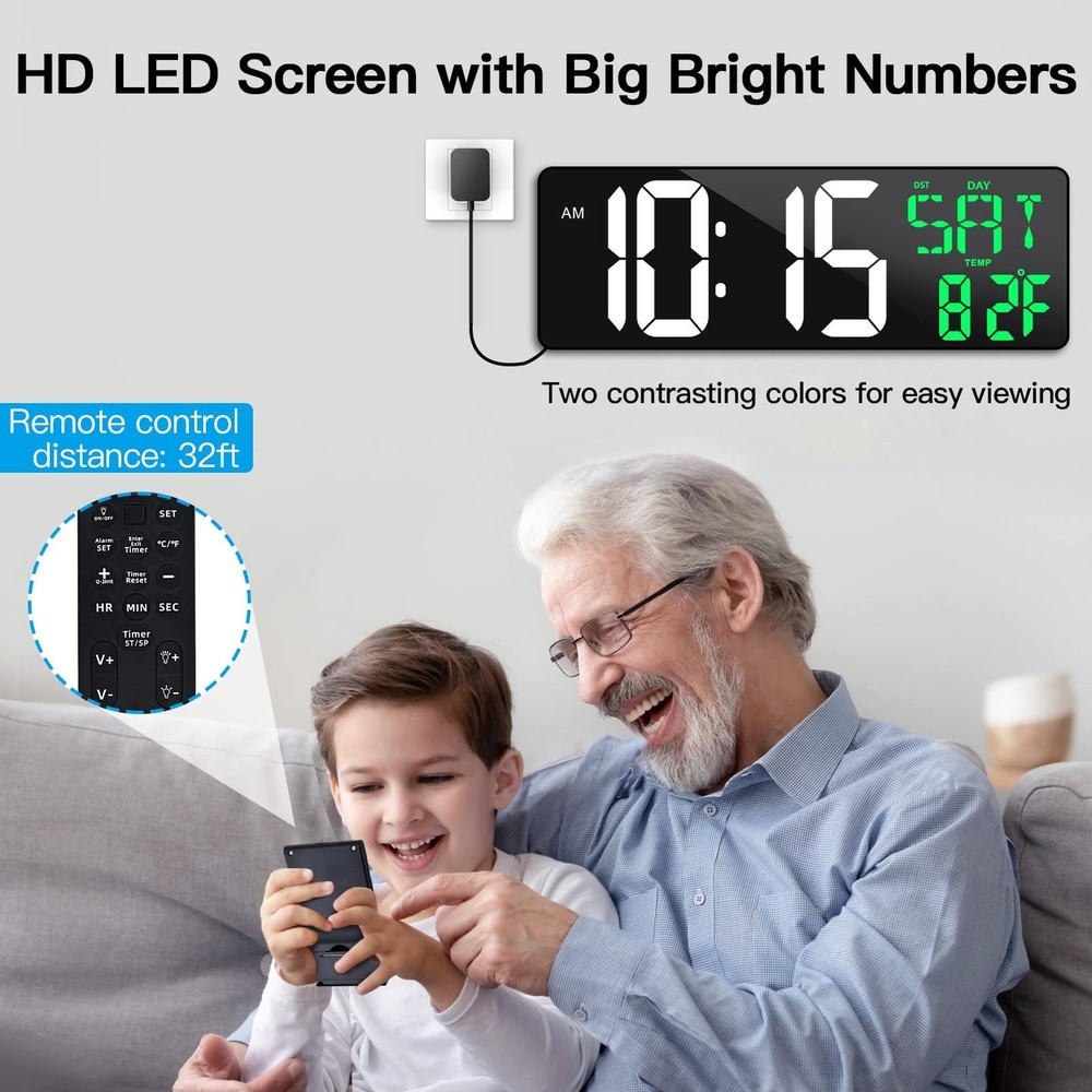 17 Inch Large Digital Wall Clock with Remote Control, Automatic Brightness Di...