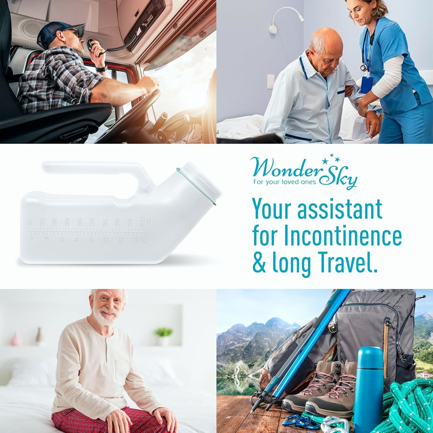 4 Pack Urinals for Men Spill Proof with Glow in The Dark Screw Cap