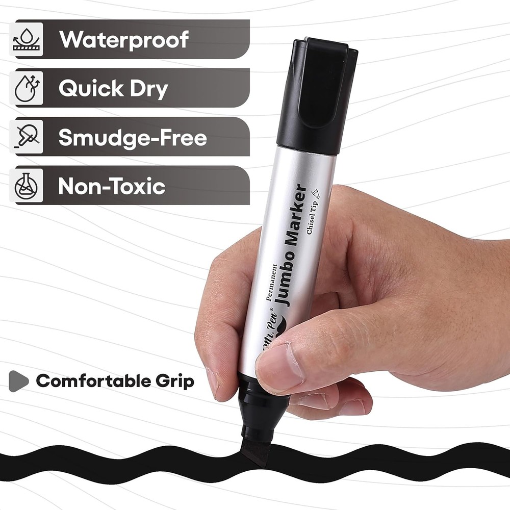 Jumbo Permanent Markers 4 Pack Chisel Tip Black Thick Wide Tip Large Size