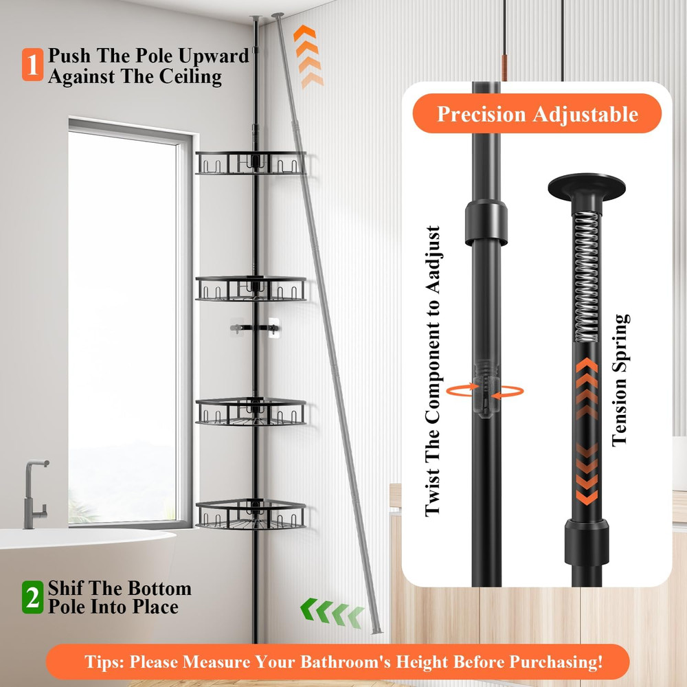 Rustproof 4-Tier Corner Shower Caddy with Adjustable Tension Pole - Black