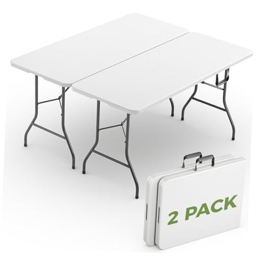 Folding Table 2 Pack, 6 FT Foldable Plastic Table with 6FT - 2 Pack White