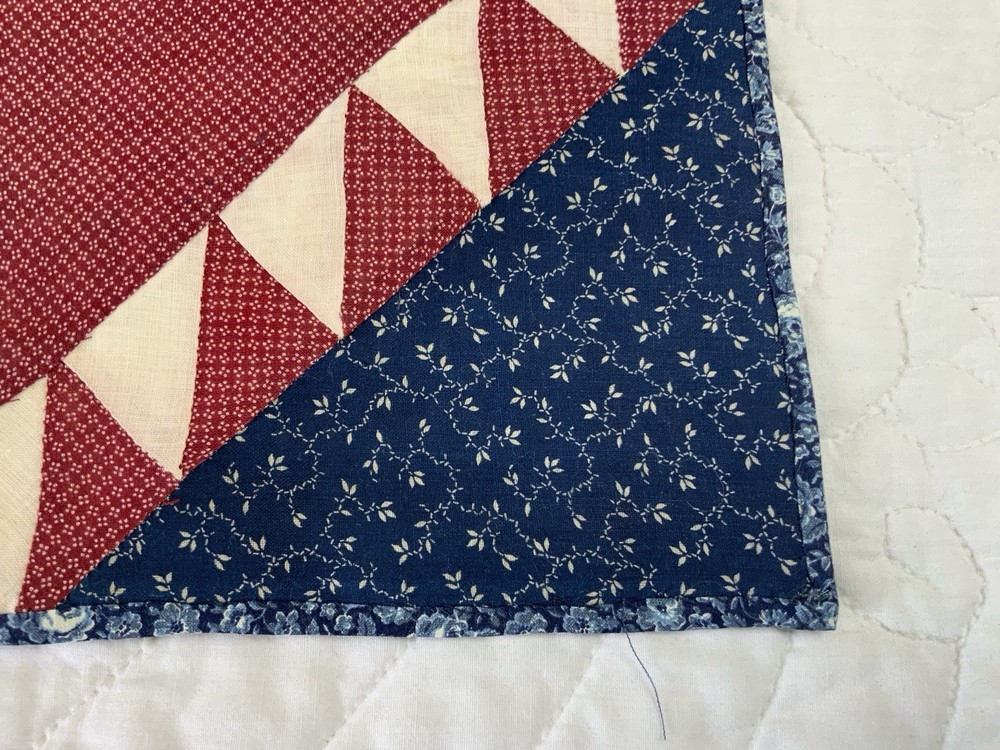 Antique Patchwork Quilt Table Topper, Early Calico Prints, Triangles, Burgundy