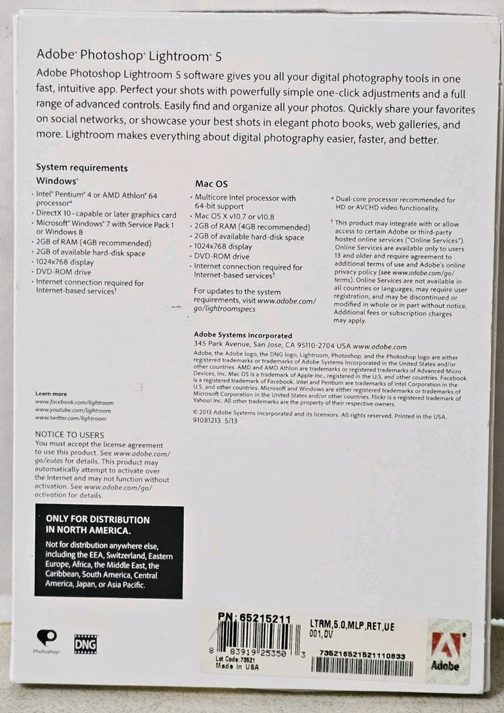 Adobe Photoshop Lightroom 5 Software DVD Unknown Redemption Code Status - As Is