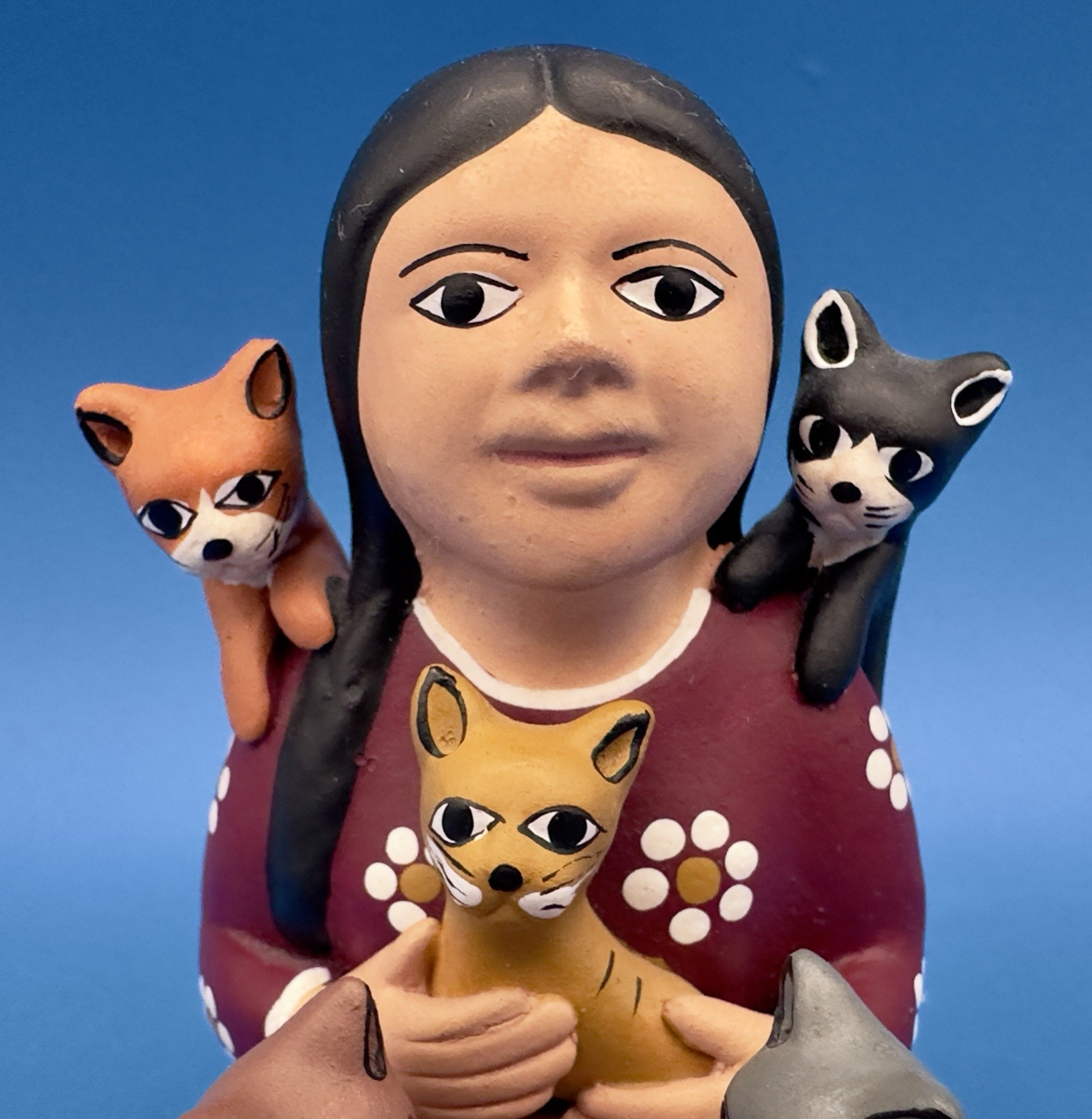 Handmade Peruvian Folk Art Pottery Storyteller Figurine - Woman with 7 Cats