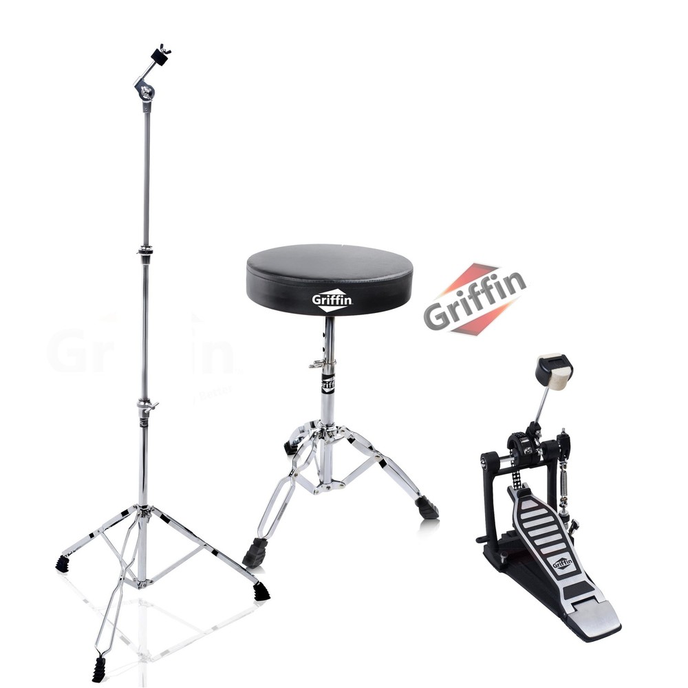 Drum Throne, Base Drum Pedal & Cymbal Stand 3-BUNDLE Deluxe Chrome Package Mount