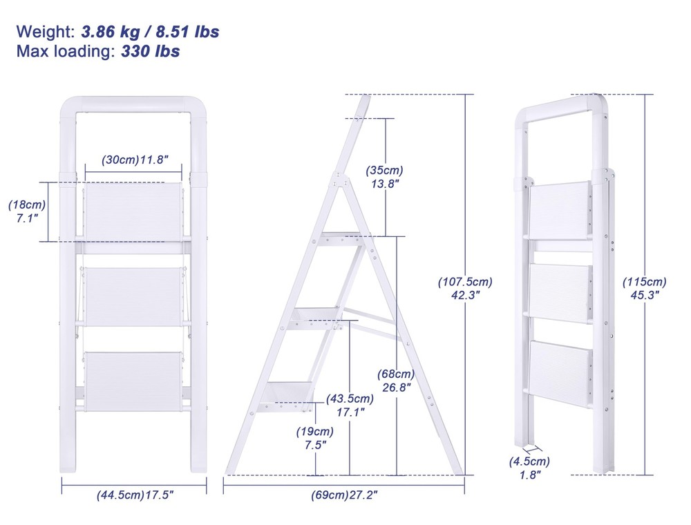 Step Ladder 3Step White Finish Aluminum Folding Step Ladders,AntiSlip Max 330...