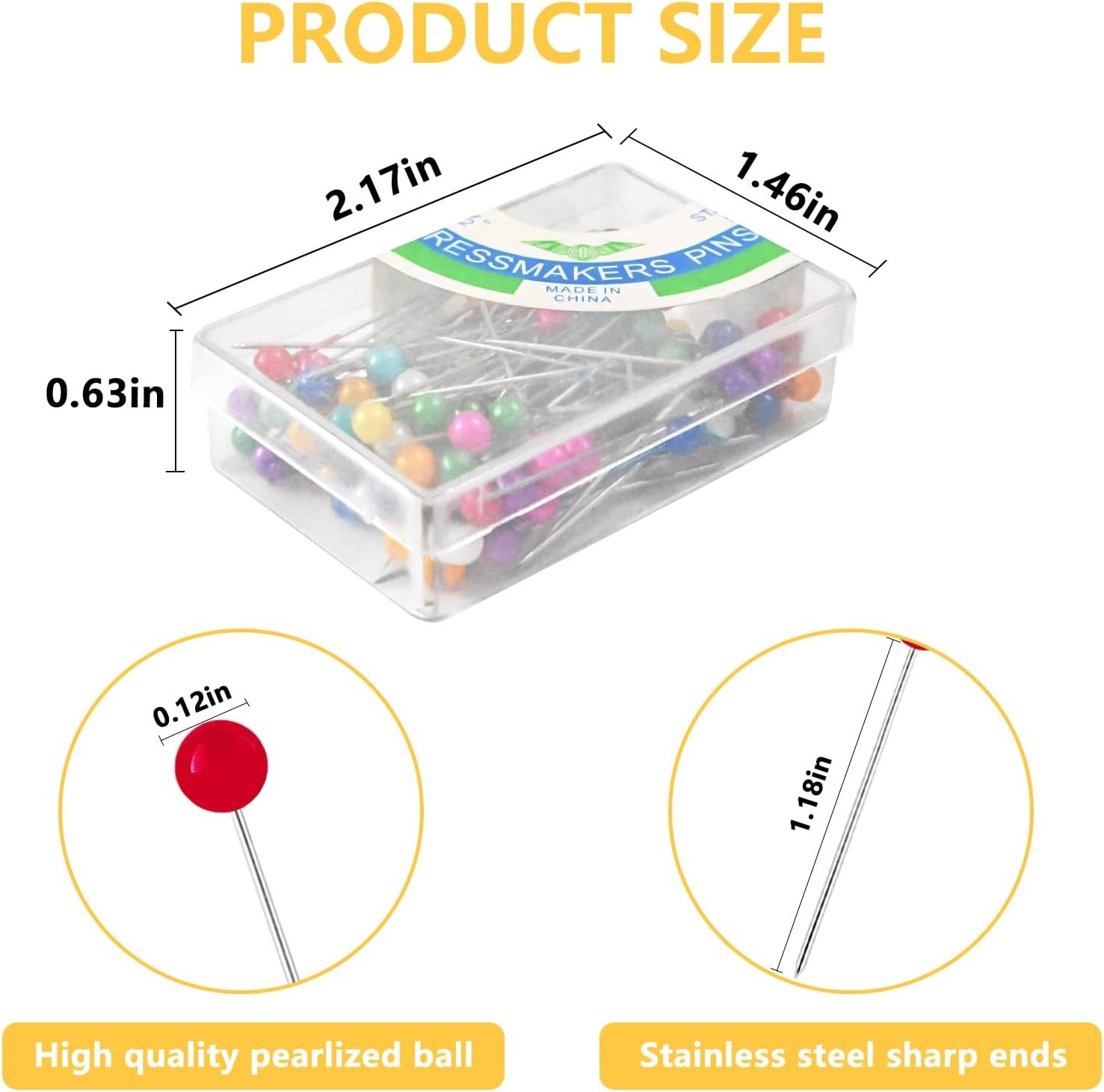 300PCS Sewing Pins for Fabric, Straight Pins with Glass Ball Heads, Corsage Pins