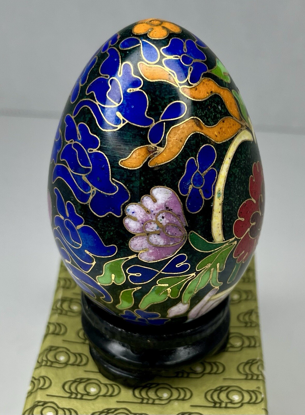 Vintage Chinese Black Cloisonné Enamel Copper Egg Pink Flowers Wood Stand In Box