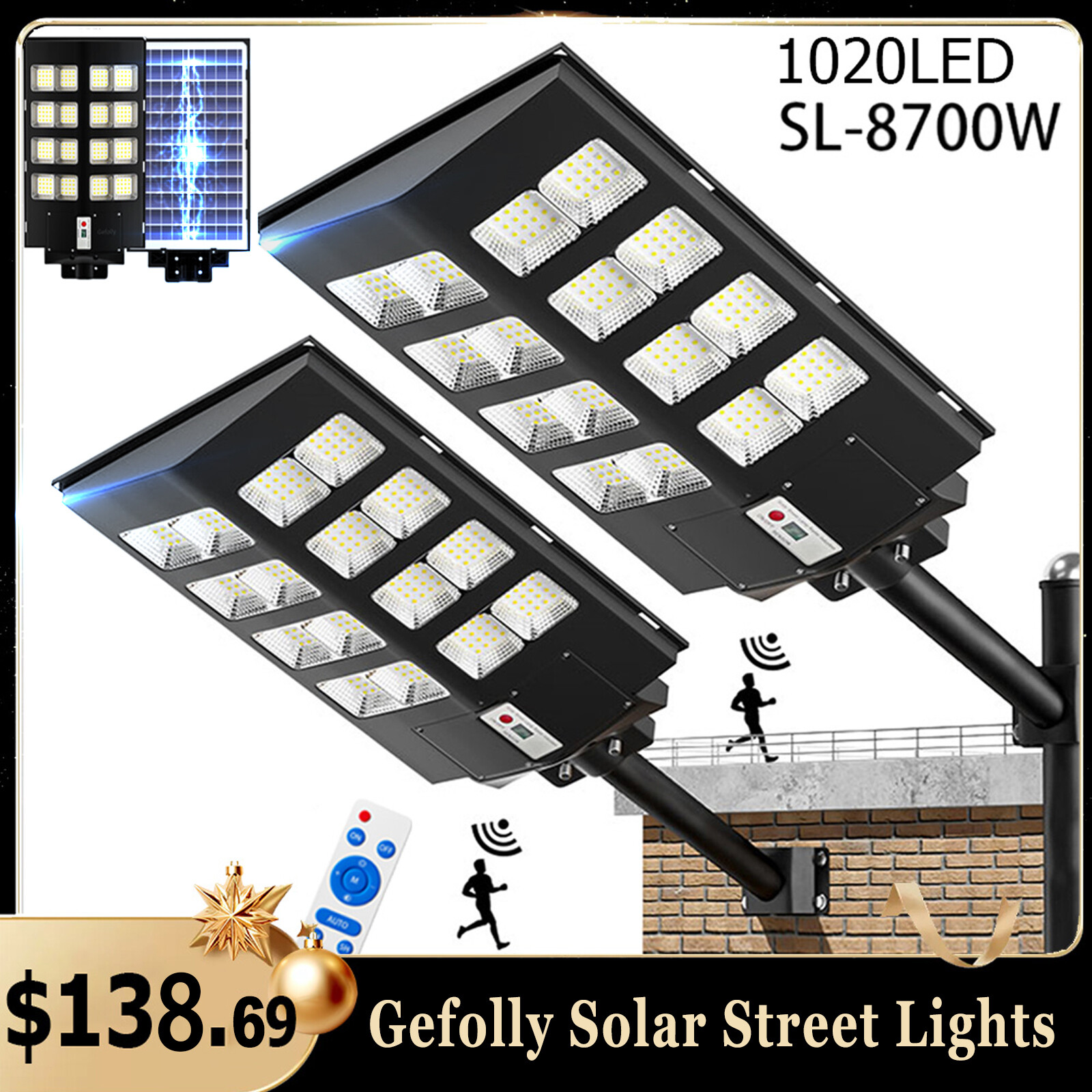 Gefolly Solar Street Lights Motion Sensor Lamp Commercial Dusk To Dawn Road Lamp