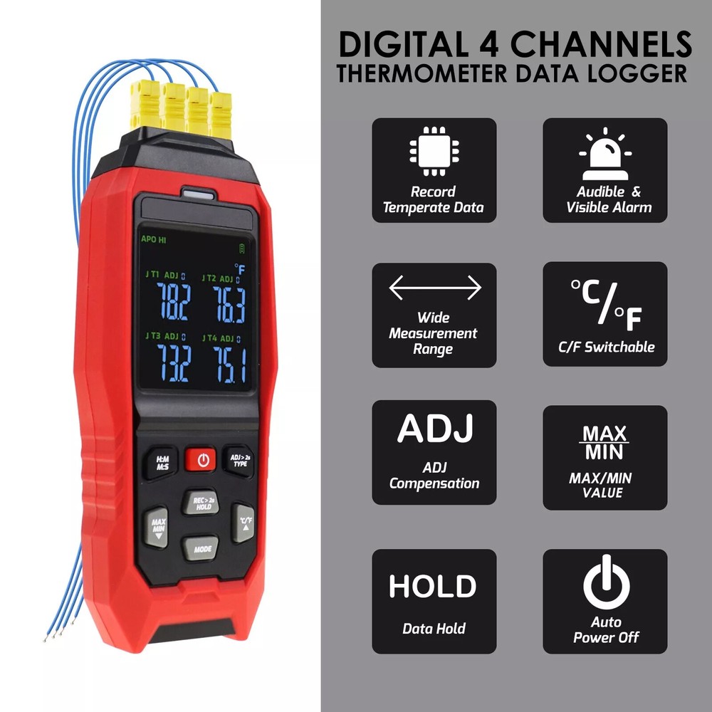 4CH Digital K/J Datalogger Thermocouple Thermometer Real-Time Data Logging USB