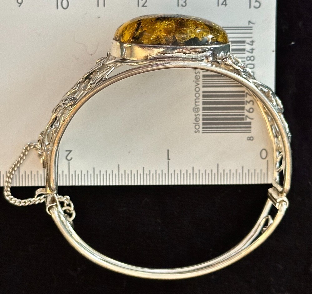 Green Amber Silver Filagree Hinged Bracelet