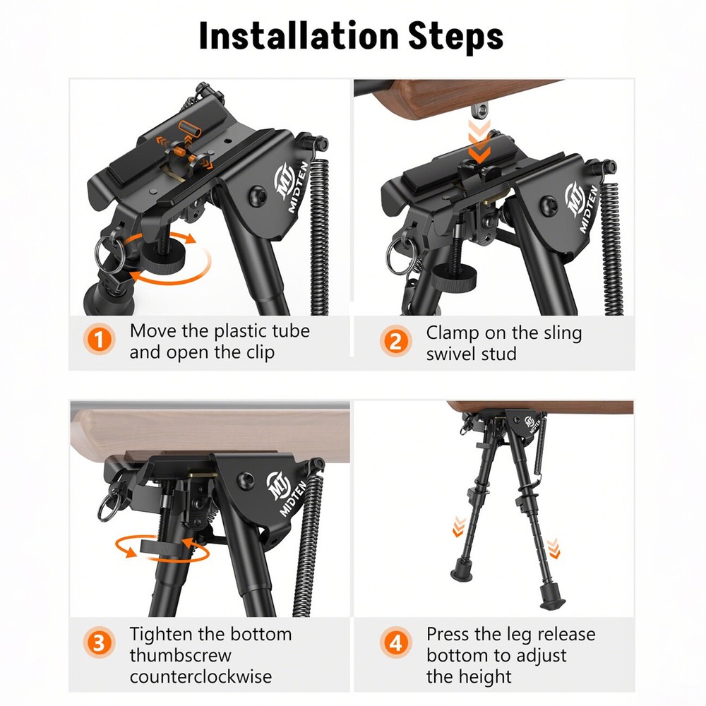 Hunting Bipod 6-9" Adjustable Spring Return Rifle Bipod -Sling Swivel Stud Mount