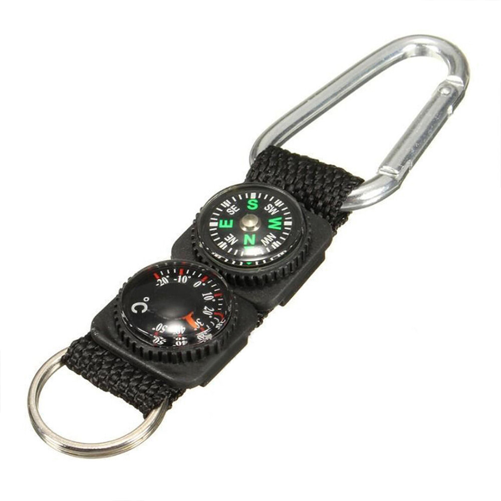 Multifunction Mini Compass Camping Survival Thermometer Carabiner Keychain Kit