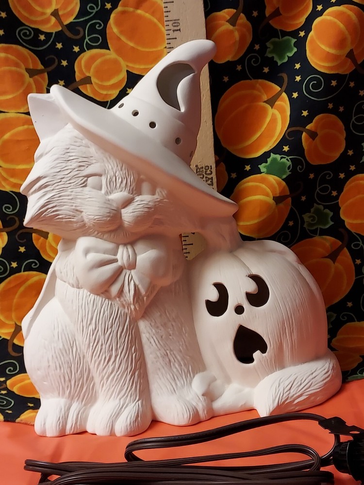 Ceramic Bisque ~ Ready to paint~ Cat Wearing Witch Hat with Pumpkin & light kit