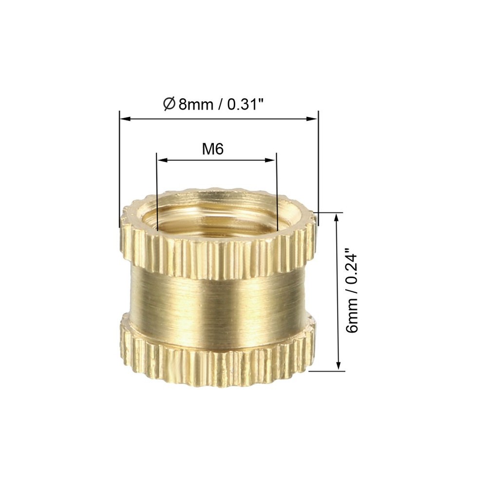 M6 x 6mm(L) x 8mm(OD) Brass Knurled Threaded Insert Embedment Nuts, 100 Pcs